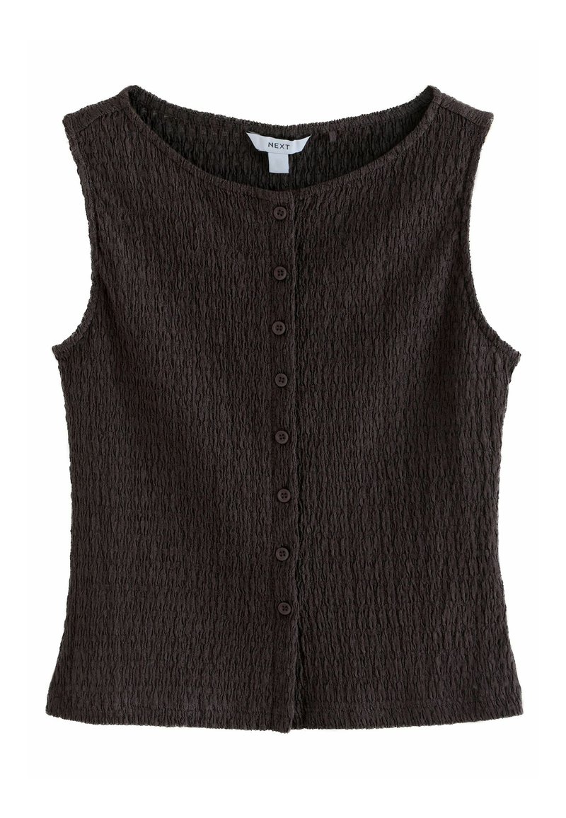 Haut sans manches marron foncé avec une surface texturée et un col rond. Présente une fermeture à boutons sur le devant avec des boutons assortis.