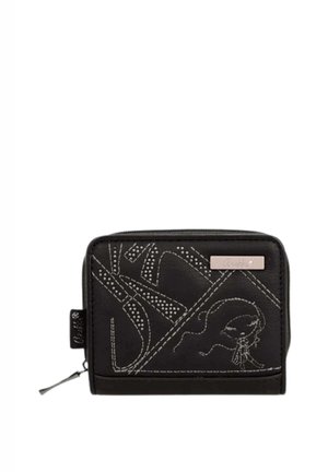 Black zippered wallet with white stitched abstract and girl design, brand logo plate on front, and brand tag on zipper pull.