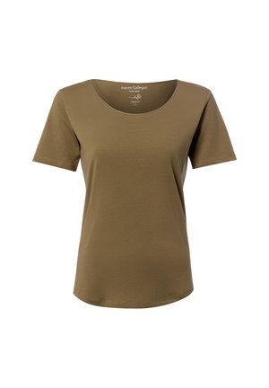 Brązowy bawełniany T-shirt z krótkim rękawem, okrągłym dekoltem, regularnym krojem oraz widoczną metką marki wewnątrz kołnierza.