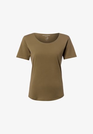 Brązowy bawełniany T-shirt z krótkim rękawem, okrągłym dekoltem, regularnym krojem oraz widoczną metką marki wewnątrz kołnierza.