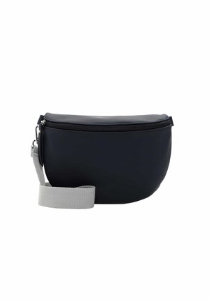 Granatowa torebka na ramię o gładkiej, matowej teksturze; posiada szary pasek i zamek błyskawiczny na górze. Okrągły kształt, minimalistyczny design.