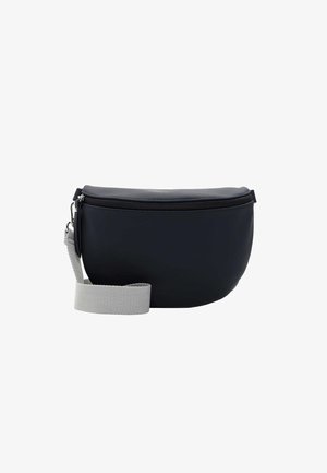 Sac bandoulière bleu marine avec une texture lisse et matte ; doté d'une sangle grise et d'une fermeture éclair sur le dessus. Forme arrondie, design minimaliste.