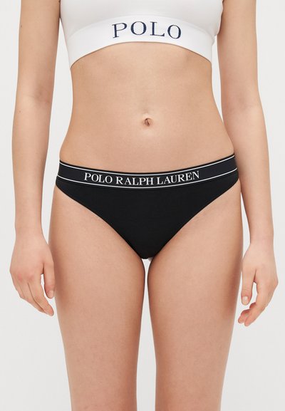 Sorte bomulds-bikini trusser med lav talje. Har en elastisk talje med "POLO RALPH LAUREN" branding i hvid skrift. Glat tekstur.