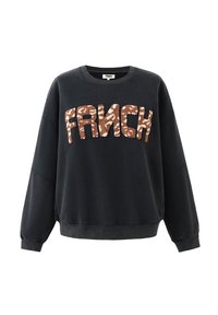 Donkergrijze crewneck sweatshirt met lange mouwen en "FRNCH" in bruin en wit luipaardprint over de borst.