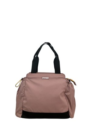 Borsa a mano morbida rosa e nera con manici doppi neri, tasche laterali con cerniera e logo "K-Way" al centro frontale.