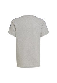 Camiseta gris de manga corta con cuello redondo y acentos azules en los hombros. Fabricada con un tejido suave y ligero de textura lisa.