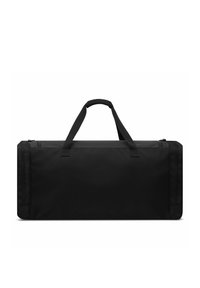 Bolsa de deporte negra hecha de un tejido duradero, con dos asas resistentes, forma rectangular y una superficie lisa y sencilla con cremalleras.