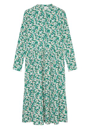 Bloemenjurk met een patroon in groen, roze en wit, lange mouwen, een knoopsluiting aan de voorkant en een taille met plooien en een vloeiende rok.