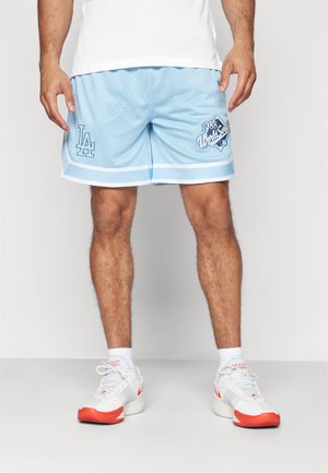 Light blue mesh basketball shorts with white accents, featuring LA logo and "World Series 1988" graphic on the left side.