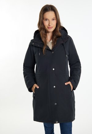 Black insulated coat with a hood, snap buttons, side pockets, and a smooth texture. Features a mid-length design and adjustable drawstrings.