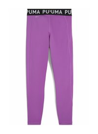 Leggings deportivos morados con una cinturilla negra que presenta el logo de "PUMA". Fabricados con una tela suave y elástica diseñada para la comodidad.