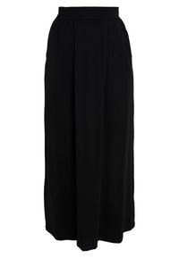Black maxi skirt with a high waistband, made from soft fabric. Features pleats at the front and a smooth, flowing silhouette.
