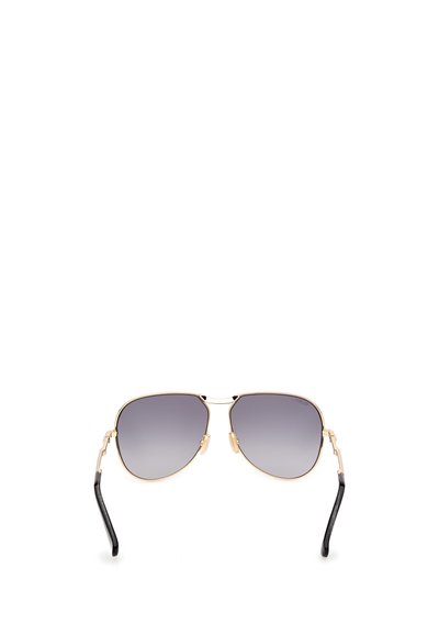 Ochelari de soare aviator cu un cadru din metal auriu, lentile de nuanță gri gradient și vârfuri din plastic negru pe brațe. Formă elegantă cu un design minimalist.