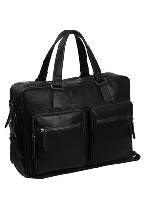 Black leather briefcase with dual front pockets, top handles, and a detachable shoulder strap. Smooth texture, rectangular shape, and minimal hardware.