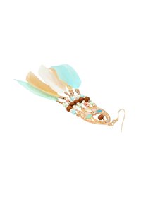 Orecchini color oro con piume blu e beige, perline in legno e colorate, e un accento con design floreale, dotati di chiusura a gancio.