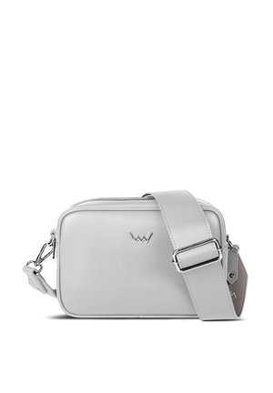 Gray leather crossbody bag with a rectangular shape, silver hardware, adjustable strap, and a subtle logo on the front.