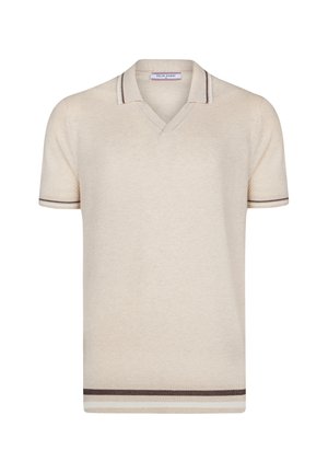 Kurzärmliges Polo-Shirt in hellem Creme, mit strukturiertem Stoff, V-Ausschnitt und braun gestreiften Akzenten an Kragen und Ärmeln.