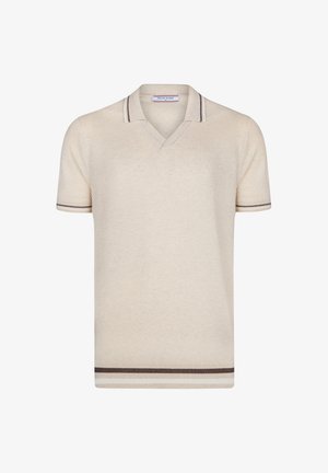 Kurzärmliges Polo-Shirt in hellem Creme, mit strukturiertem Stoff, V-Ausschnitt und braun gestreiften Akzenten an Kragen und Ärmeln.