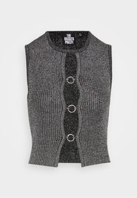 Ærmeløs sort og sølv ribbet vest med et bølgemønster, der har tre cirkulære metalaccent som knapper og en rund halsudskæring.