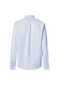 Camisa de botones a rayas en algodón azul claro y blanco, con cuello, mangas largas y un pliegue en la espalda para mayor libertad de movimiento.