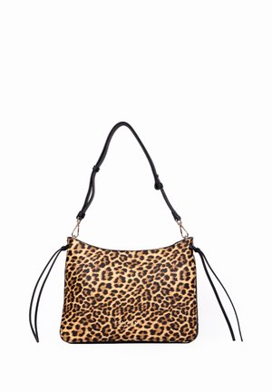 Borsa a tracolla rettangolare con stampa leopardata, tracolla nera regolabile e nappe laterali, marchiata "ERMANNO" vicino al centro in basso.