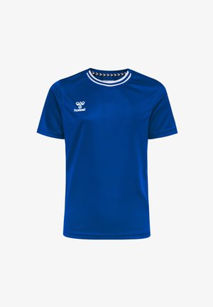Blaue Sport-T-Shirt mit kurzen Ärmeln aus glattem Stoff, mit einem weißen gestreiften Rundhalsausschnitt und einem Logo auf der Brust.
