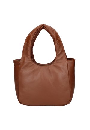Braune Lederhandtasche in ovaler Form mit kurzen, runden Griffen und nahtloser Textur. Verfügt über einen Reißverschluss oben und ein minimalistisches Design.