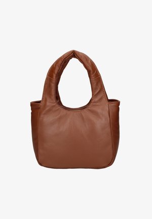 Borsa in pelle marrone a forma ovale, con manici corti e arrotondati e una texture liscia. Presenta una chiusura con zip nella parte superiore e un design minimalista.