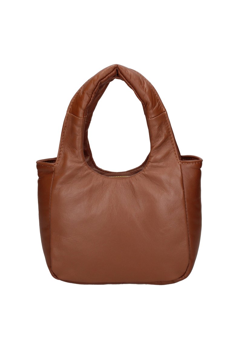 Borsa in pelle marrone a forma ovale, con manici corti e arrotondati e una texture liscia. Presenta una chiusura con zip nella parte superiore e un design minimalista.