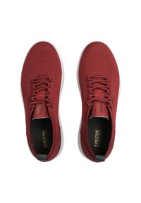 Zapatillas deportivas rojas con parte superior de malla transpirable, punta redonda y suela plana de goma blanca. Presentan cordones y un pequeño logo en el lateral.