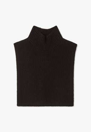 Czarny bezrękawnik z golfem o prążkowanej strukturze, z wysokim kołnierzem i luźnym krojem, wykonany z dzianiny.