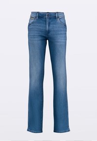 Šviesiai mėlyni džinsai iš džinsinio audinio, su tiesiomis kojų linijomis, aukštu liemeniu ir kontrastiniu siuvimu. Turi keturias kišenes ir užtrauktuką priekyje.