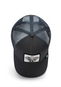Black mesh trucker hat with a solid front, featuring an elephant graphic patch labeled "BIG." Curved visor with stitching detail.