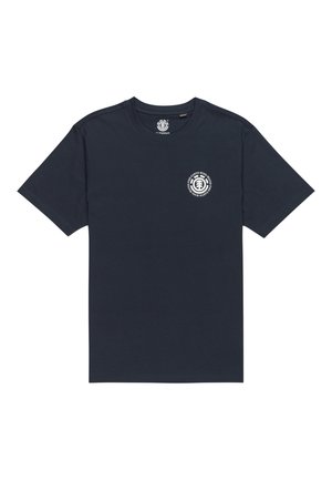 Navy blue cotton t-shirt with short sleeves, crew neck, and a small white circular logo on the left chest area. Smooth texture.