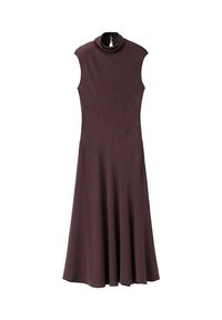 Rochie midi maro închis, fără mâneci, cu decolteu înalt și ușor evazată la tiv, expusă pe un fundal alb simplu.