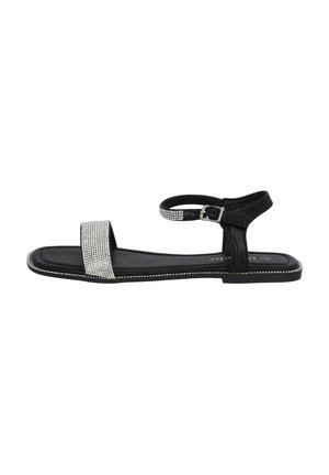 Sort flad sandal med ankelrem og frontbånd prydet med små sølv rhinsten og en sidelås.