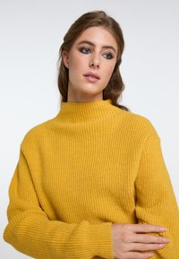 Mosterdgele gebreide sweater met een hoge geribde kraag en lange mouwen. De textuur is zacht en heeft een consistent geribbeld patroon overal.