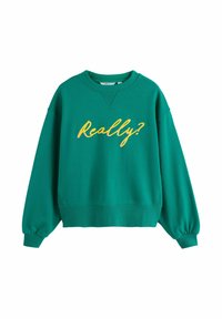 Sweatshirt turcoaz cu guler rotund, cu manșete și tiv ribbed, având cuvântul "Serios?" în scris galben și roz pe piept.