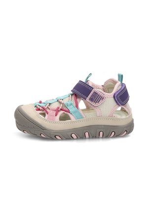Sandalia infantil de punta cerrada en beige, rosa, púrpura y verde azulado con tejido de malla, tiras ajustables y una suela de goma resistente.