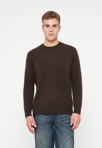 Ung man med kort hår som bär en mörkbrun polotröja och blå jeans, stående mot en enfärgad vit bakgrund.