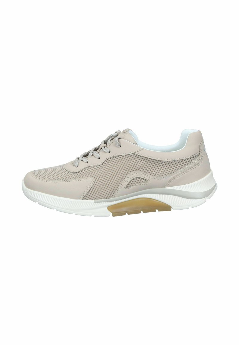 Beige sportieve schoenen met een getextureerde mesh bovenkant, ronde neus, lichte demping en een rubberen buitenzool met een lichte hak.