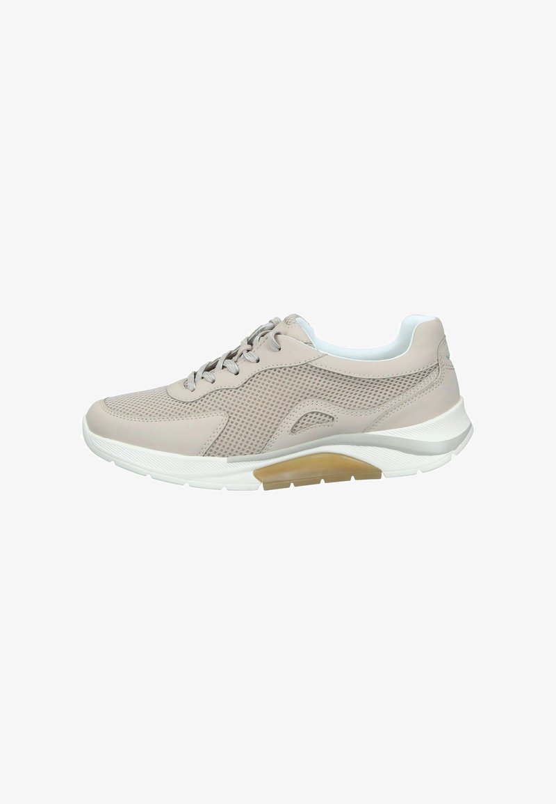 Beige athletic shoes with a textured mesh upper, round toe, light cushioning, and a rubber outsole featuring a slight heel.