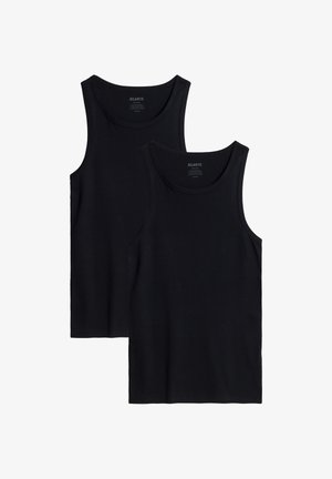 Dwa czarne bezrękawniki z okrągłym dekoltem, jednolity wzór, ułożone jeden na drugim, przy czym jeden lekko za drugim, na białym tle.