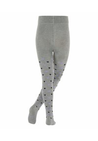 Collants gris à la texture douce ornés d'un motif de cœurs noirs et lavande. Le design s'étend le long des jambes, créant un look ludique.