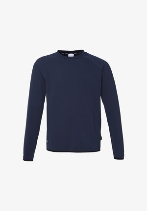 Marineblå sweatshirt med lange ærmer, rund hals, raglanærmer og en struktureret finish. Har et lille logo ved kanten.