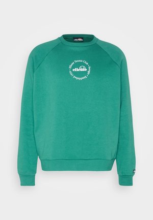 Groene crewneck-trui met wit rond logo "Ellesse Tennis Club Perugia Established 1959" en merknaam op de borst.
