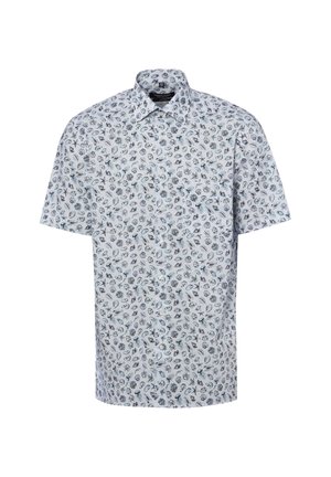 Weißes kurzärmeliges Hemd mit Knöpfen und einem blauen und grauen Muster mit Meereslebewesen, einschließlich Muscheln, Seesternen und Korallen.