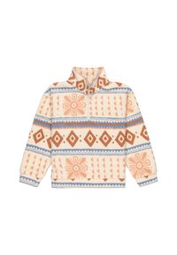 Pull en polaire, crème avec des motifs géométriques en marron clair, bleu et pêche. Doté d'un col zippé à mi-hauteur et de manches longues. Texture douce.
