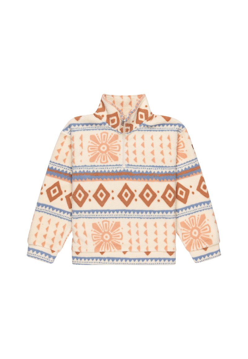 Pull en polaire, crème avec des motifs géométriques en marron clair, bleu et pêche. Doté d'un col zippé à mi-hauteur et de manches longues. Texture douce.