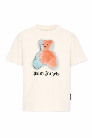Witte T-shirt met korte mouwen met een blauwe en oranje teddybeerafbeelding boven de tekst "Palm Angels" in zwart gotisch lettertype.